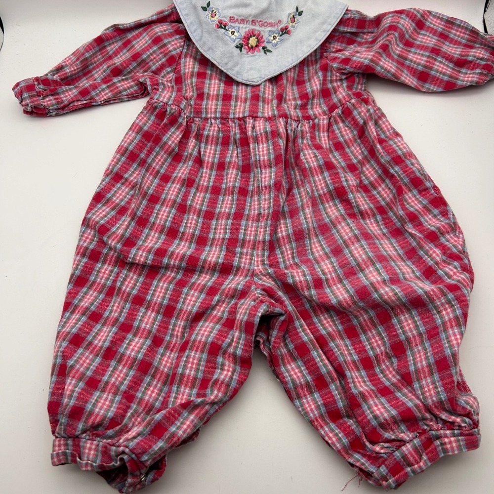 Vintage Baby B'Gosh Red Plaid Floral Embroidered Bib Collar Romper 3-6M USA Made